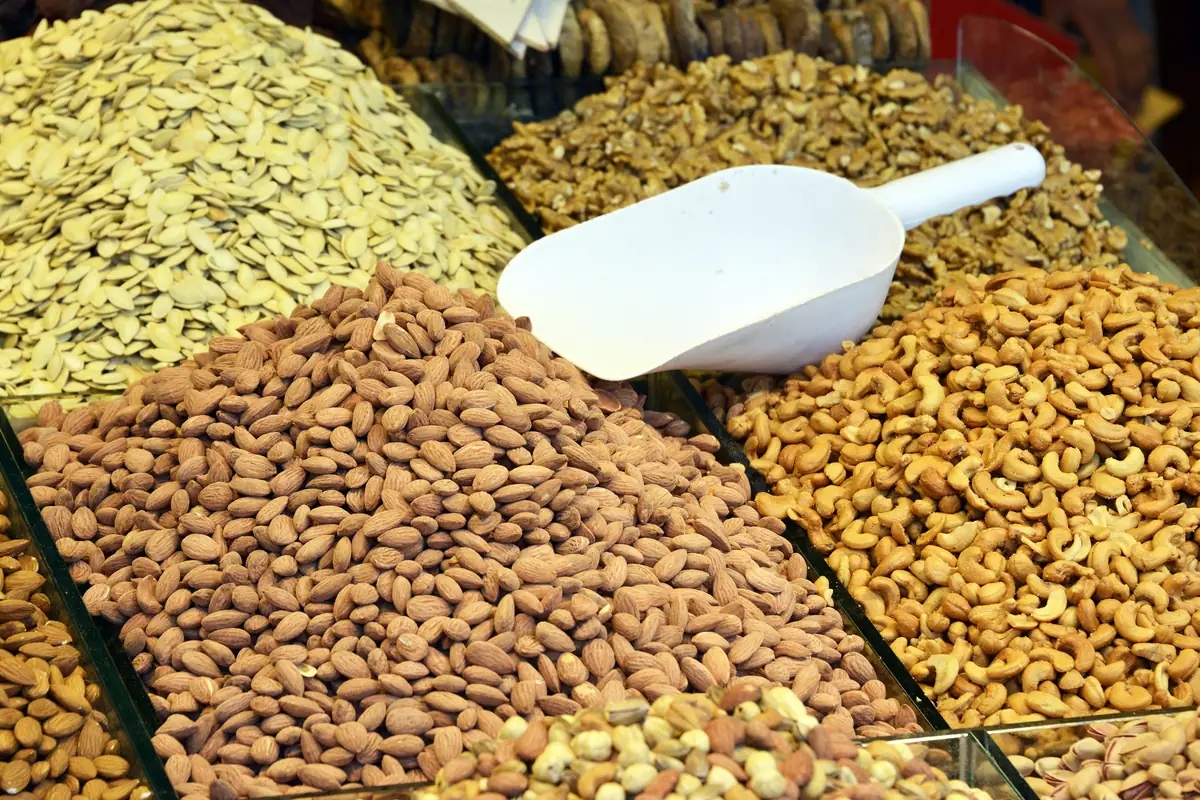 Premium dry fruits and nuts displayed in bulk